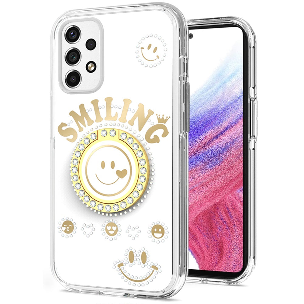 For Samsung Galaxy A32 5G Smiling Glitter Ornament Bling Sparkle with Ring Stand Hybrid Slim TPU + Hard Back Shell Phone Case Cover