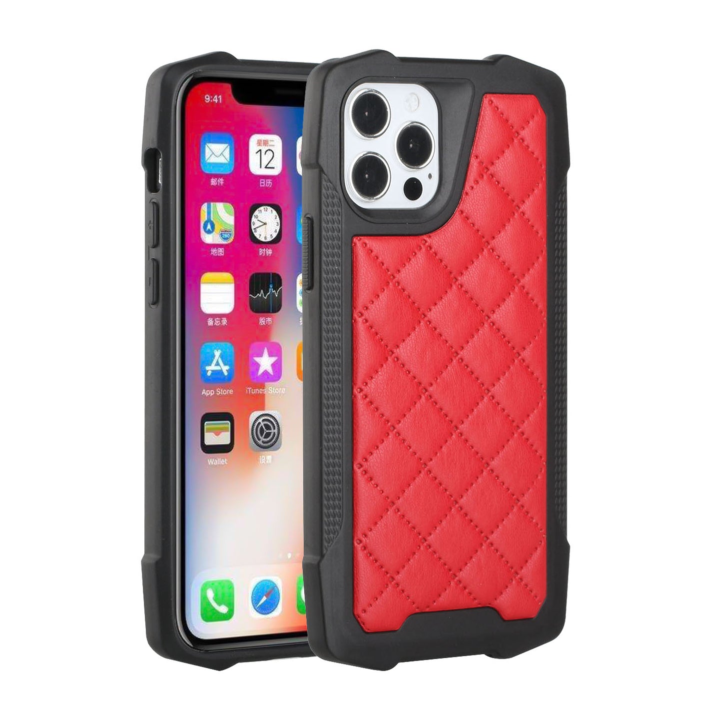 For Apple iPhone 13 Pro Max (6.7") PU Leather Design Lines Hybrid PC Hard Shockproof Armor Shell Bumper Soft Rubber Protection Phone Case Cover