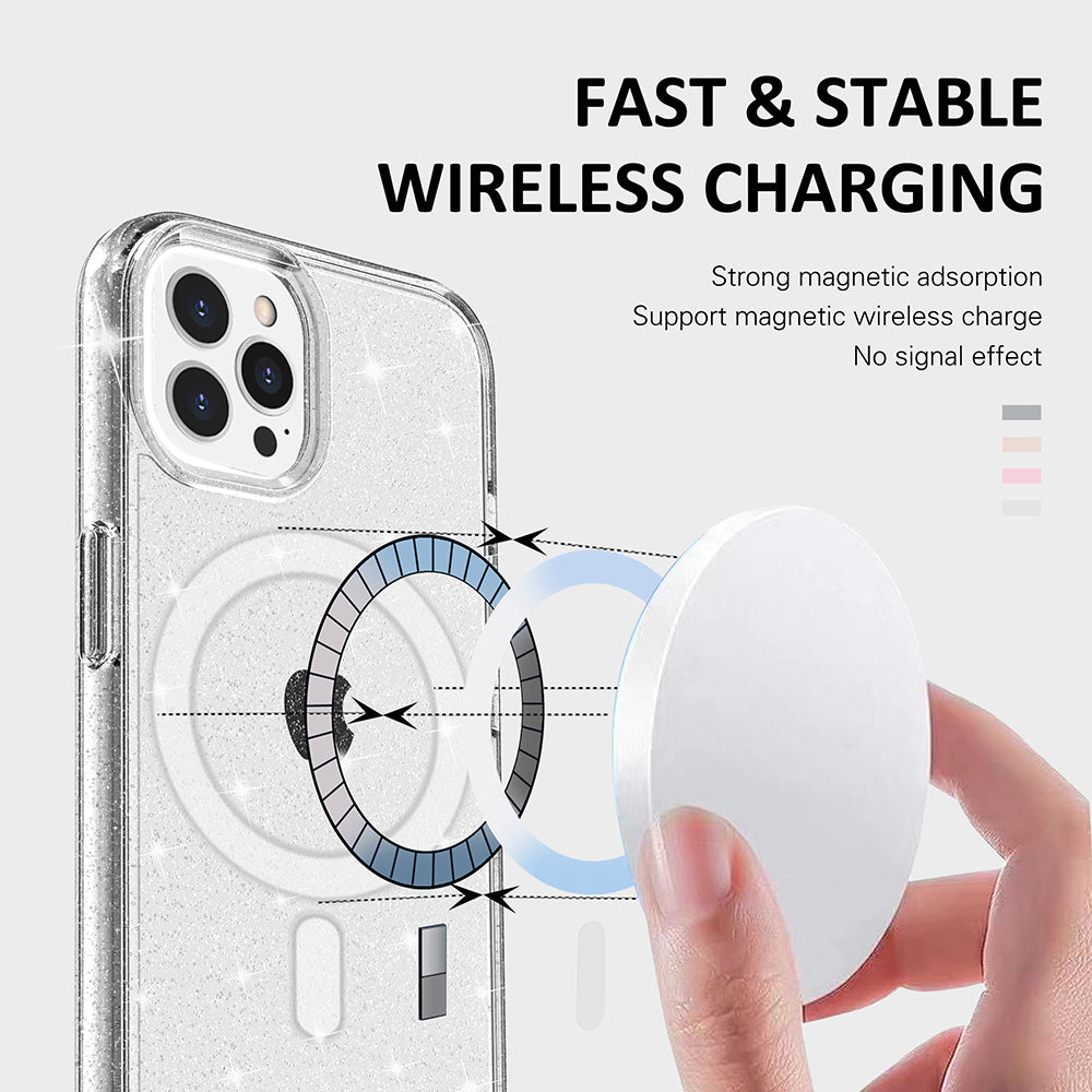 For Apple iPhone 14 /Plus Pro Max Transparent Glitter Bling Sparkly Hybrid Hard PC TPU Grip Shockproof Compatible with MagSafe Phone Case Cover