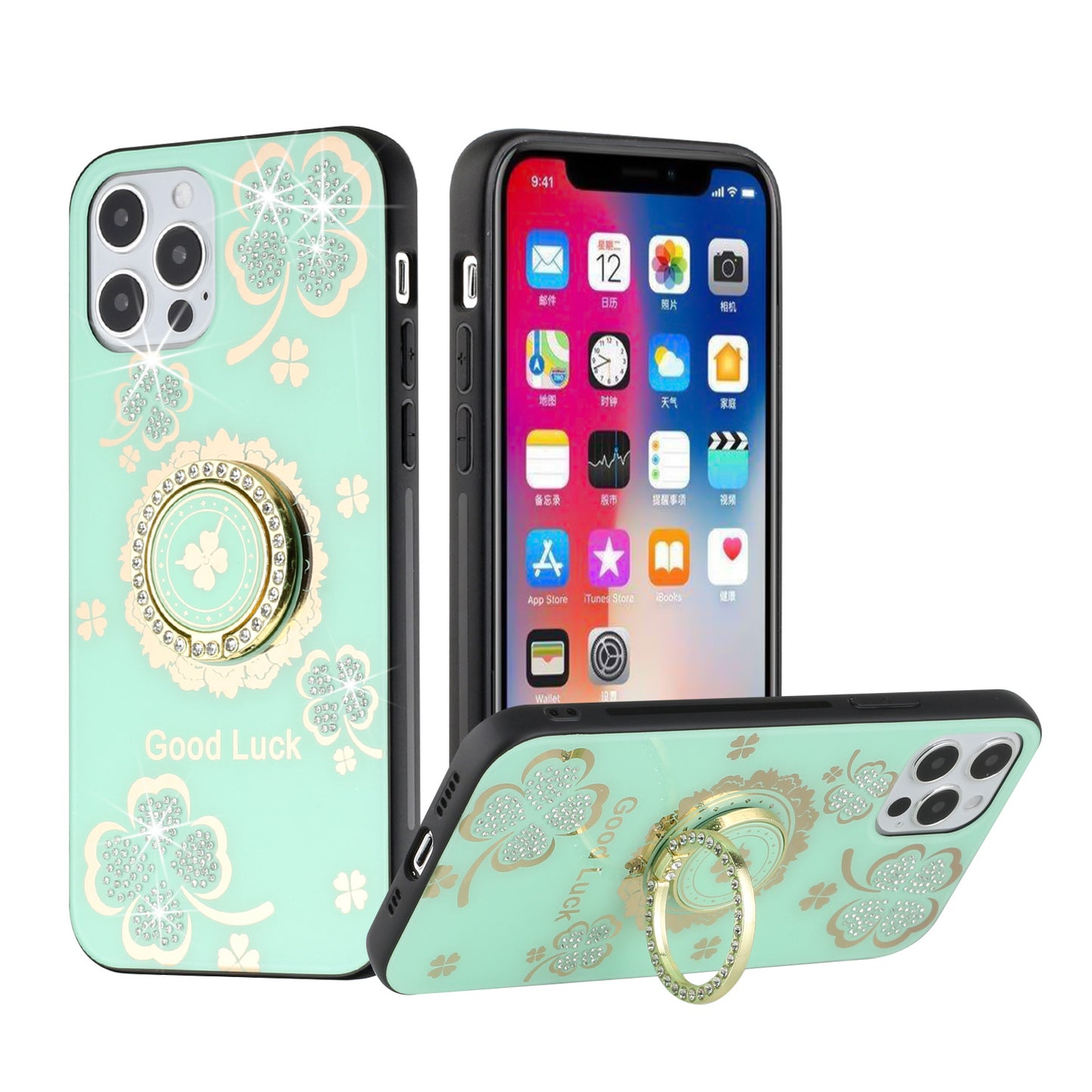 For OnePlus Nord N20 5G Diamond Bling Sparkly Glitter Ornaments Hybrid with Ring Kickstand Rugged Fashion Teal Good Luck Floral Phone Case Cover