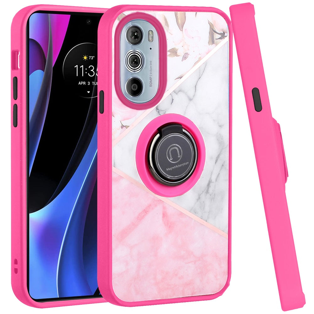 For Motorola Edge+ Plus 2022 Unique Marble Design with Magnetic Ring Kickstand Holder Hybrid TPU Hard Shockproof Phone Case Cover