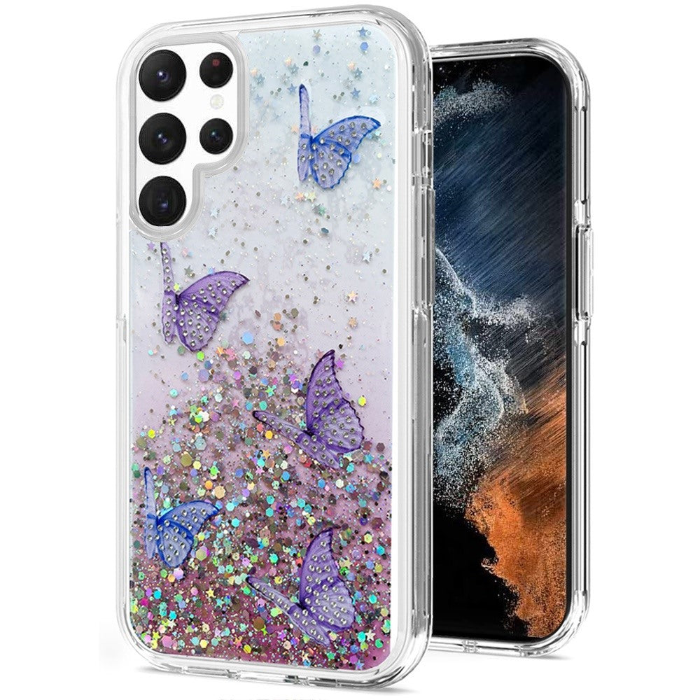 For Samsung Galaxy S22 Ultra Butterflies Glitter Bling Shiny Sparkle Glittering Flake Hybrid Hard PC TPU Silicone Slim Phone Case Cover