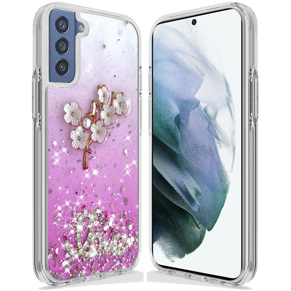 For Samsung Galaxy S22 /Plus Ultra Flowers Bling Glitter Iridescent Love Floral 3D Ornament Slim TPU Hybrid Sparkle Stars Shockproof Phone Case Cover