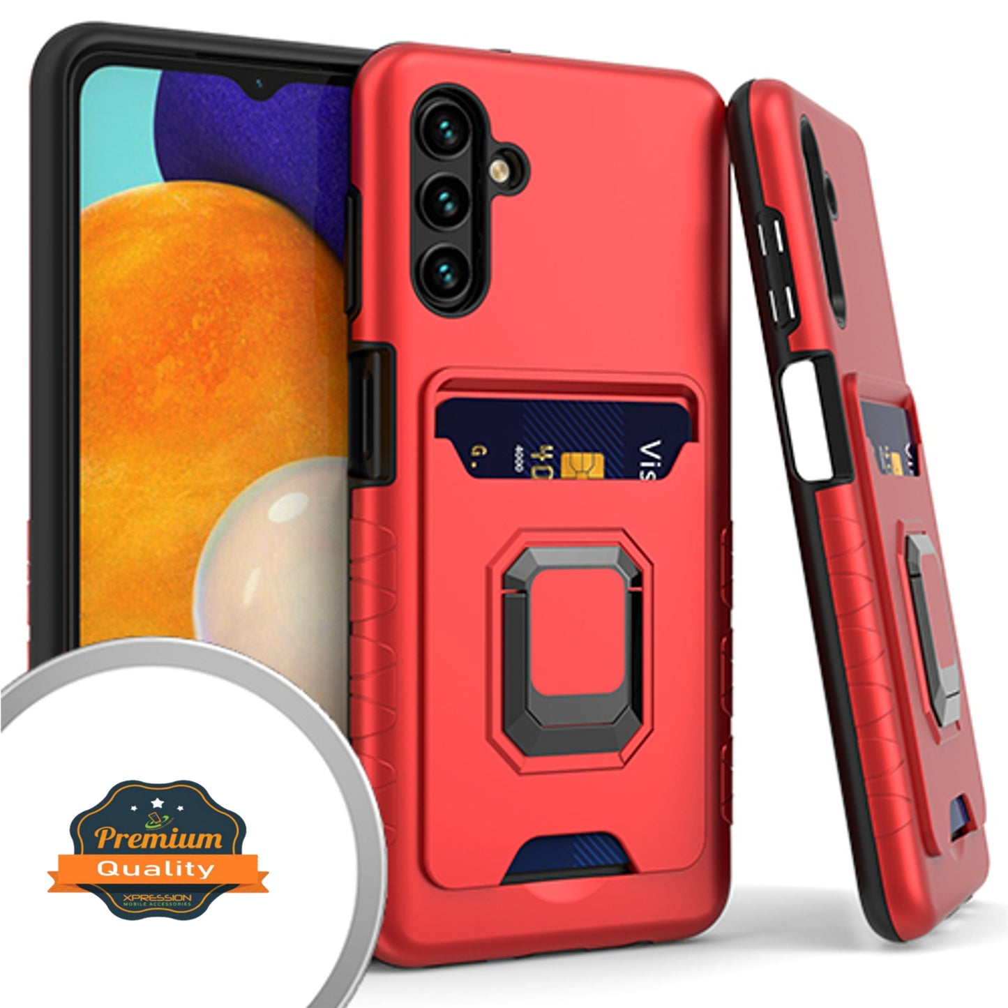 For Samsung Galaxy A13 5G Wallet Credit Card Slot Holder with Metal Ring Kickstand Heavy Duty Shockproof Hybrid Dual Layer Magnetic Stand Phone Case Cover