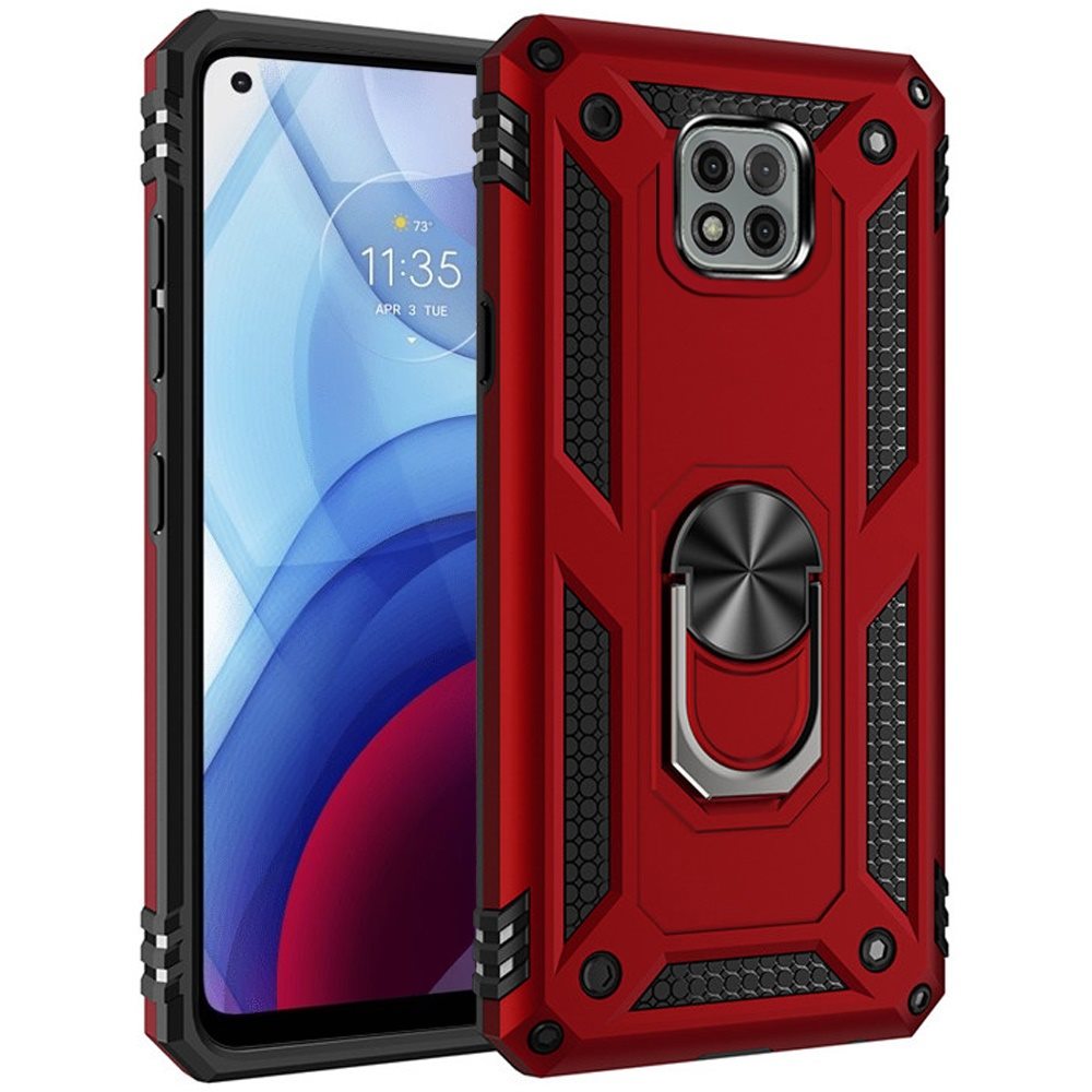 For Motorola Moto G Pure Hybrid Armor Durable 360 Degree Rotatable Ring Stand Holder Kickstand Fit Magnetic Car Mount Red Phone Case Cover