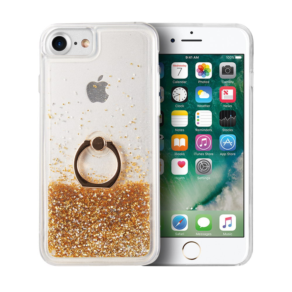 For Apple iPhone SE 3 (2022) Hybrid Glitter Bling Sparkling Liquid Quicksand TPU Rubber PC with Ring Stand Holder Kickstand Phone Case Cover