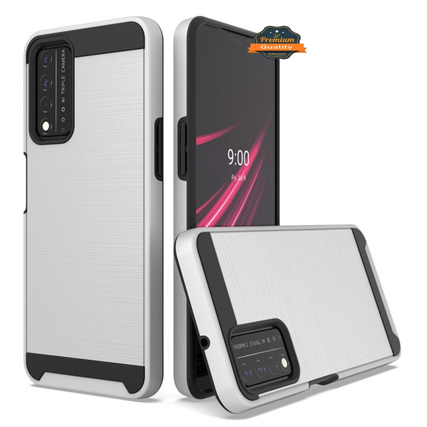 For TCL REVVL V Plus 5G Slim Rugged TPU + Hard PC Brushed Metal Texture Hybrid Dual Layer Defender Armor Shockproof Phone Case Cover