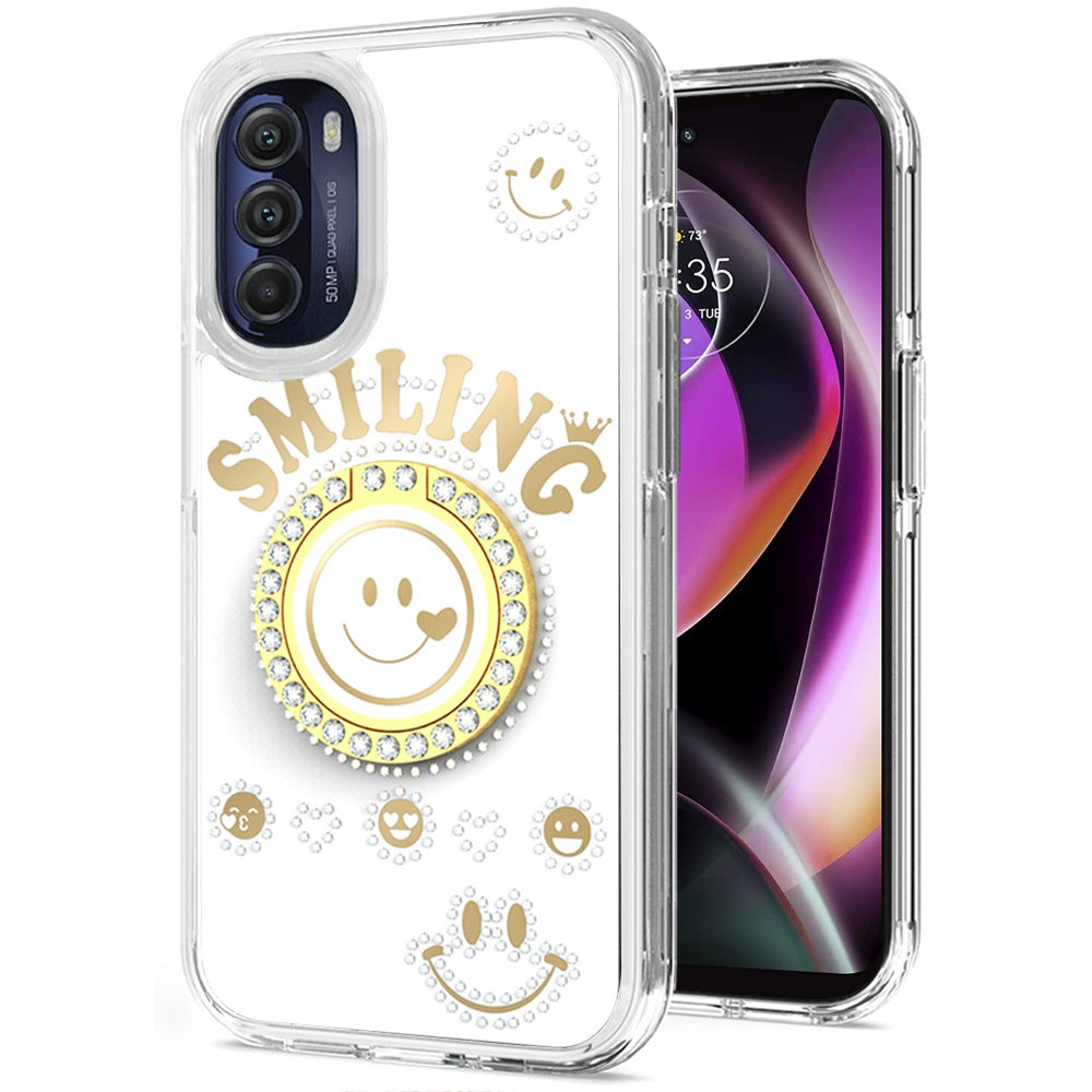 For Motorola Moto G Stylus 5G 2022 Smiling Glitter Ornament Bling Sparkle with Ring Stand Hybrid Hard Back Shell Phone Case Cover