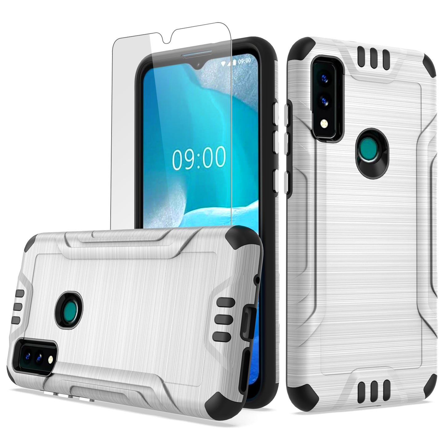 For AT&T Maestro 3 Hybrid Dual Layer Slim Metallic Brush Texture Hard PC TPU Rubber with Screen Protector Tempered Glass Phone Case Cover