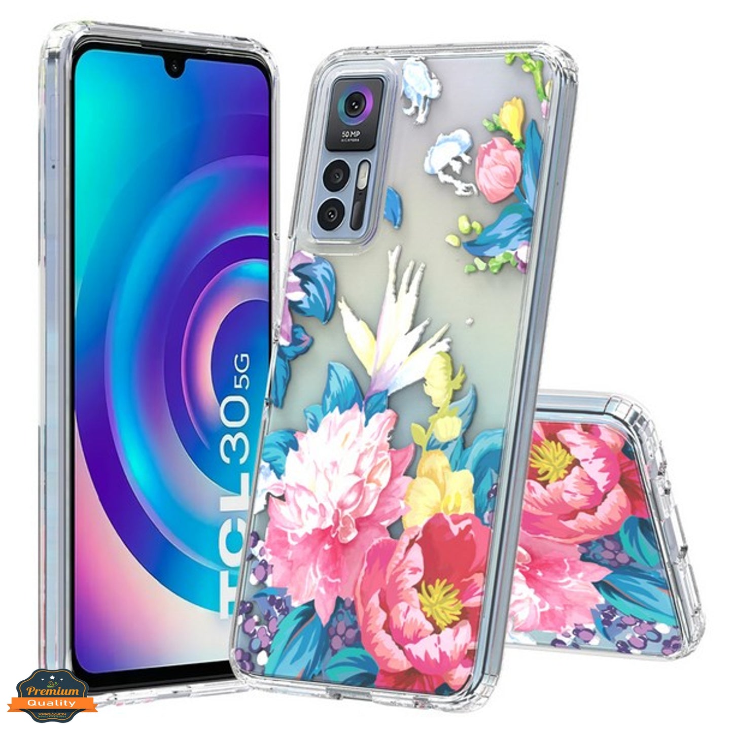 For TCL 30 5G /TCL 30+ Plus /TCL 30 Floral Patterns Design Transparent TPU Silicone Shock Absorption Hard PC Back Phone Case Cover