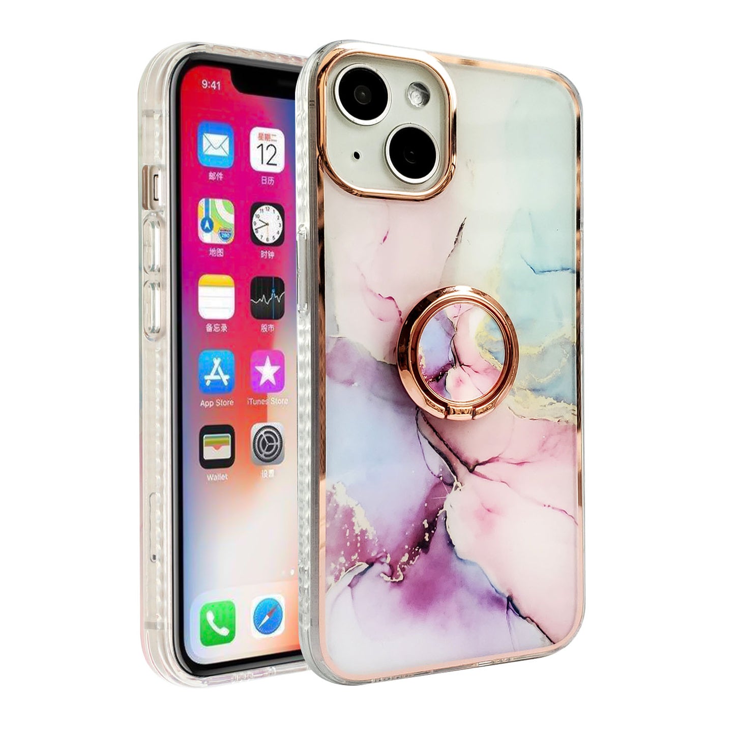 For Apple iPhone 13 Pro Max (6.7") Pattern Fashion Design Chromed Edge with Ring Kickstand Hybrid TPU Hard Back Phone Case Cover