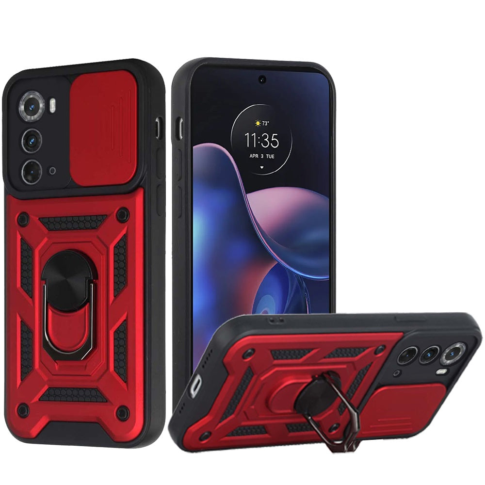 For Motorola Moto Edge 2022 Hybrid Cases with Slide Camera Lens Cover and Ring Holder Kickstand Rugged Dual Layer Phone Case Cover