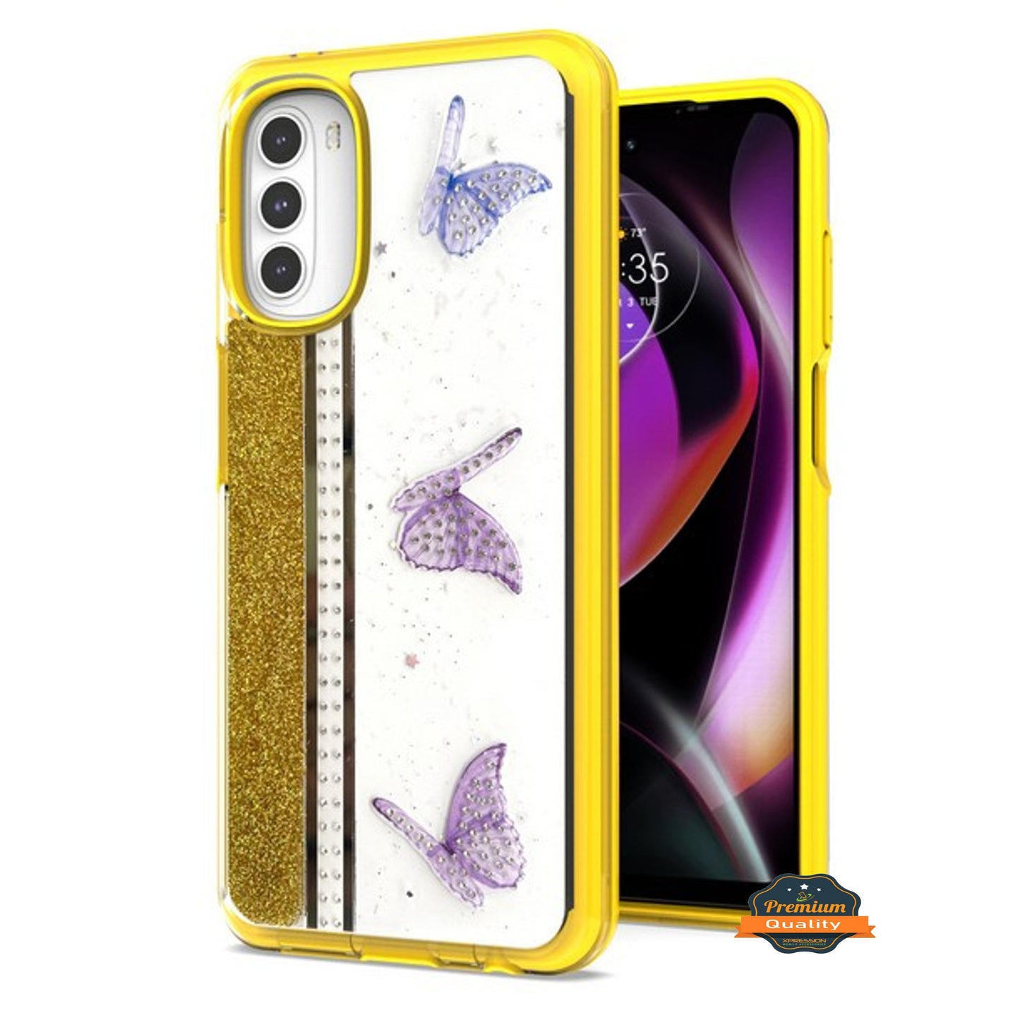 For Motorola Moto G 5G 2022 Butterflies Design Bling Glitter Shockproof Hybrid Soft TPU Frame and Hard PC Back Slim Phone Case Cover