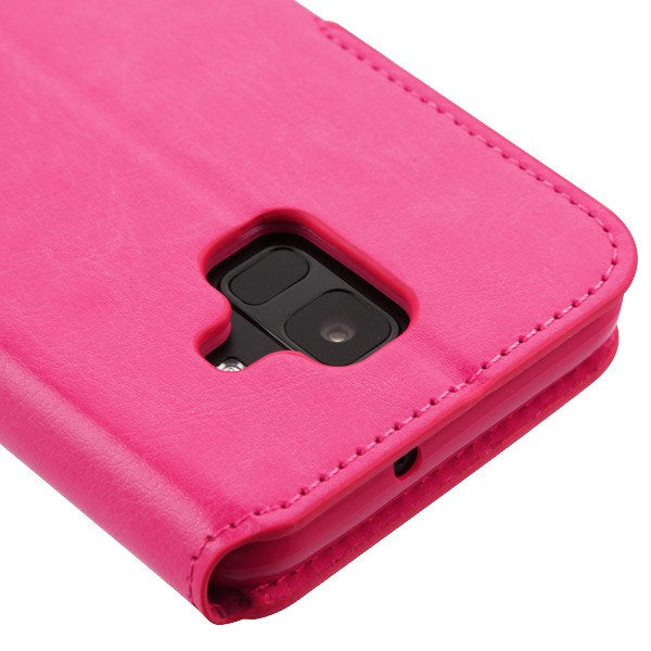 For Samsung Galaxy A6 (2018) PU Leather Wallet with Credit Card Holder Storage Folio Flip Pouch Stand Hot Pink Phone Case Cover