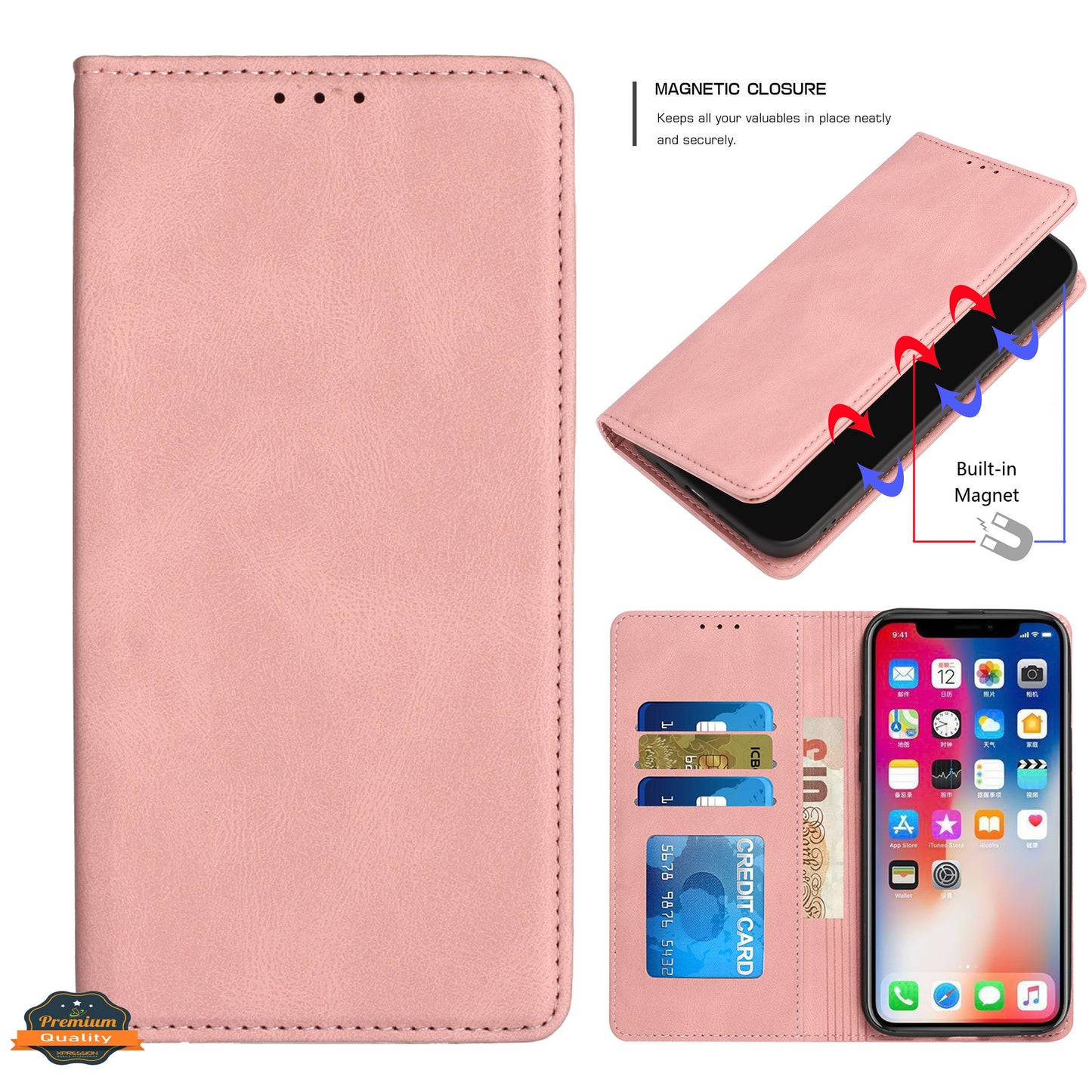 For Apple iPhone 11 (6.1") Wallet Premium PU Vegan Leather ID Credit Card Money Holder with Magnetic Closure Pouch Flip Phone Case Cover