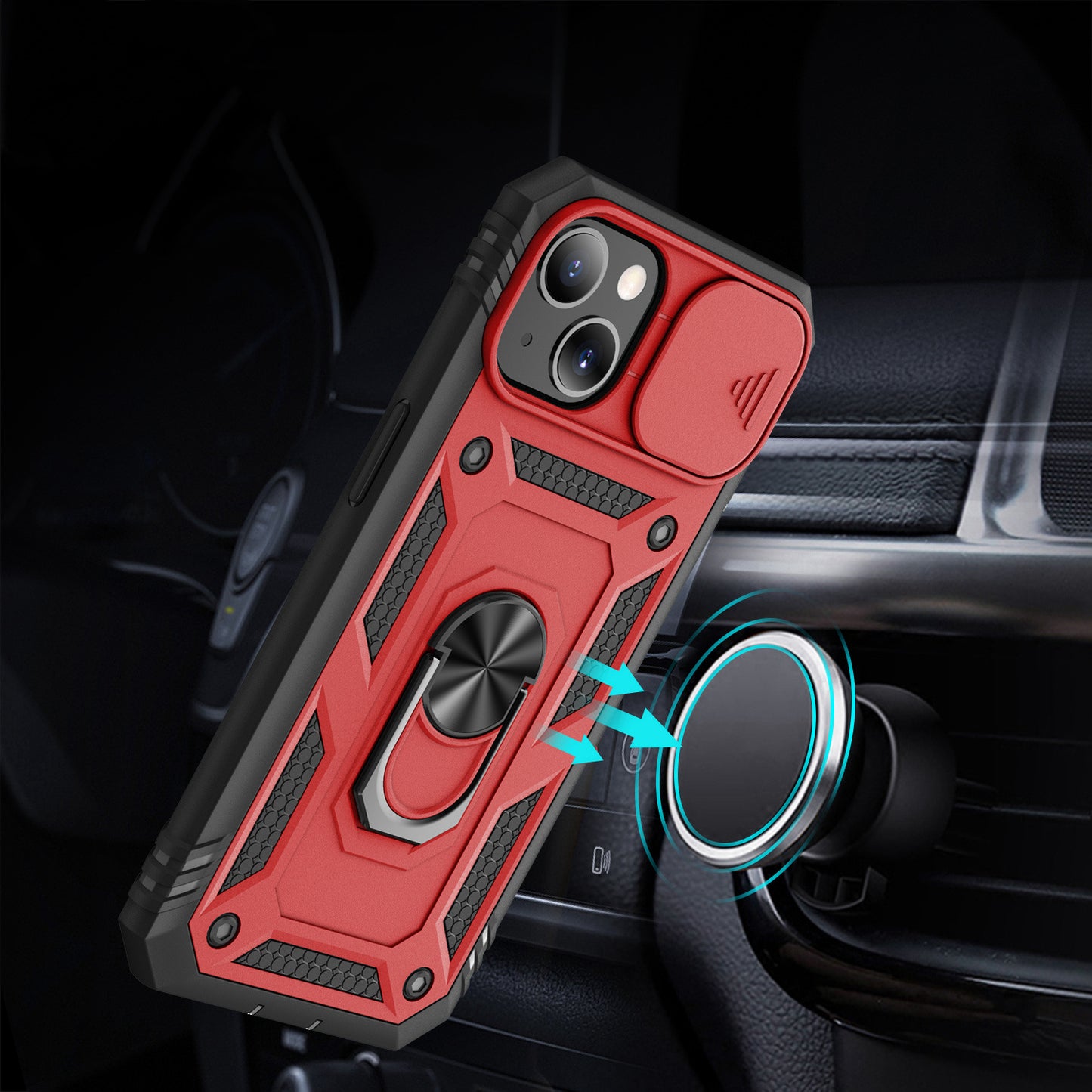 For Apple iPhone 14 (6.1") Hybrid Built-in 360° Rotate Magnetic Ring Stand with Camera Protection Heavy Duty Shockproof Red Black Phone Case Cover