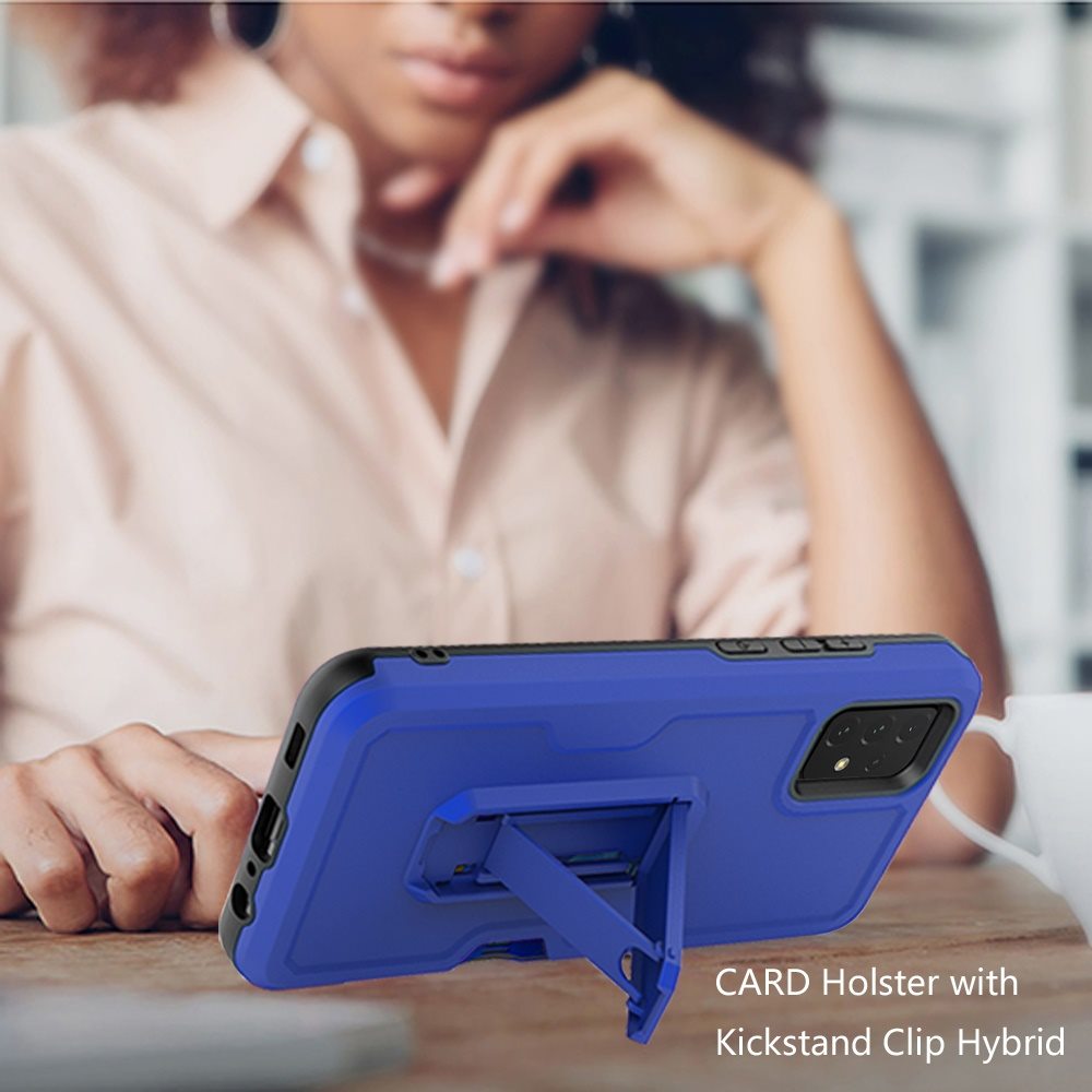 For Apple iPhone 14 (6.1") Armor Belt Clip with Credit Card Holder ID Slot, Holster, Kickstand Protective Heavy Duty Hybrid Blue Phone Case Cover