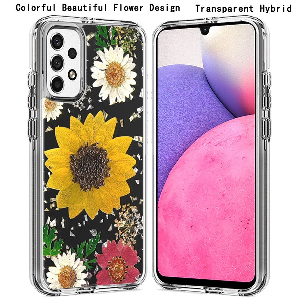 For Samsung Galaxy A33 5G Glitter Floral Print Pattern Clear Design Shockproof Hybrid Fashion Sparkle Rubber TPU Bumper Phone Case Cover