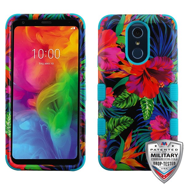 For LG Q7, LG Q7+ Floral Design Hybrid Three Layer Hard PC Shockproof Heavy Duty TPU Rubber Anti-Drop Hibiscus Tropical Flower Phone Case Cover