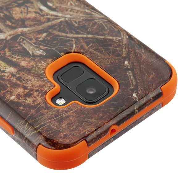 For Samsung Galaxy A6 (2018) Hybrid Three Layer Hard PC Shockproof Heavy Duty TPU Rubber Anti-Drop Vine Camo Orange Phone Case Cover