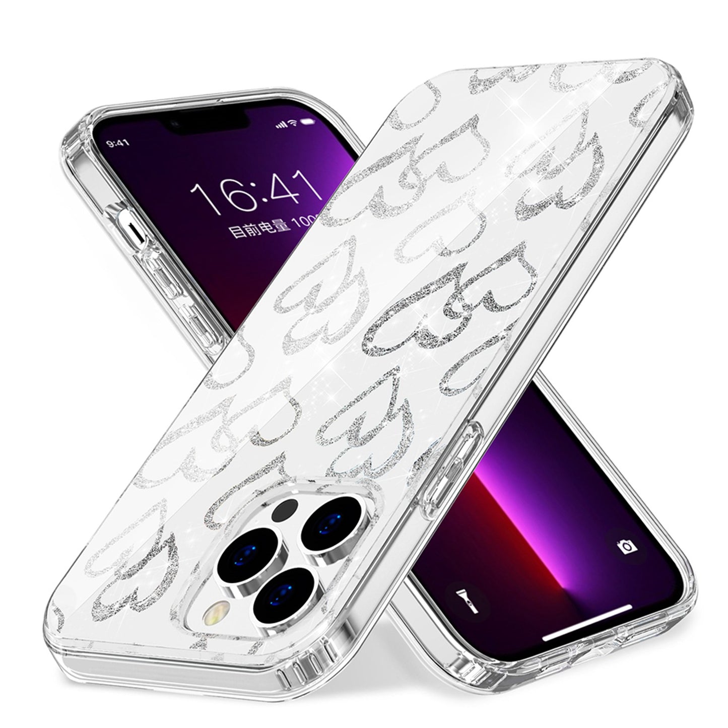 For Apple iPhone 14 (6.1") Beautiful Laser Clear Bling Glitter Design Pattern Hybrid Gummy Hard PC and TPU Phone Case Cover