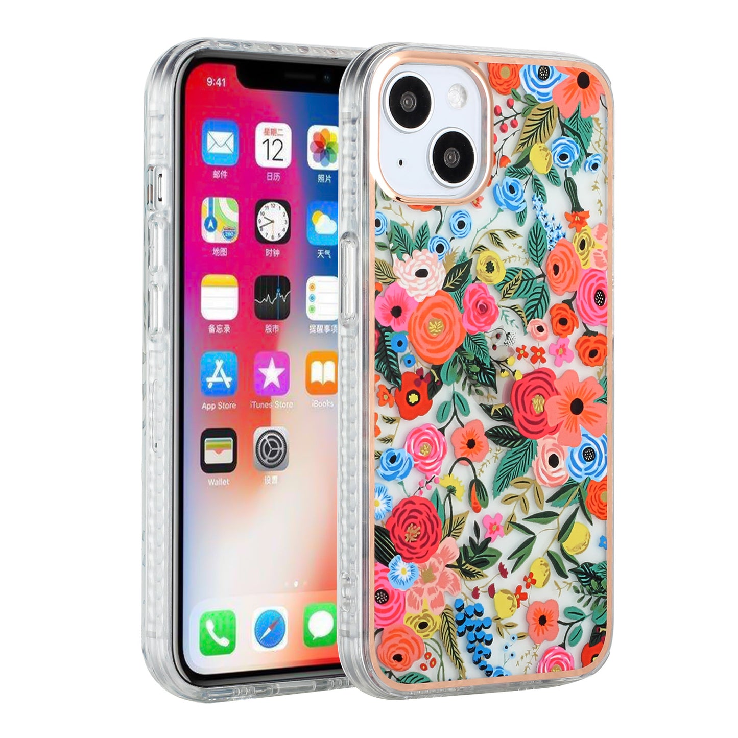 For Apple iPhone 13 Pro Max (6.7") Stylish Design Floral IMD Hybrid Rubber TPU Hard PC Shockproof Rugged Slim Fit Phone Case Cover