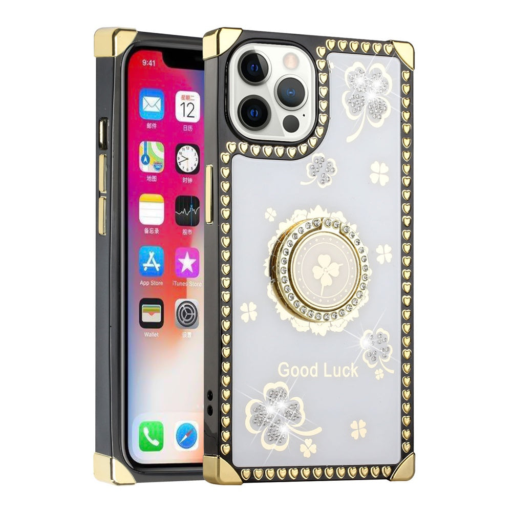 For Apple iPhone 12 /12 Pro (6.1") Fashion Square Hearts Diamond Bling Sparkly Glitter Ornaments with Ring Stand Phone Case Cover