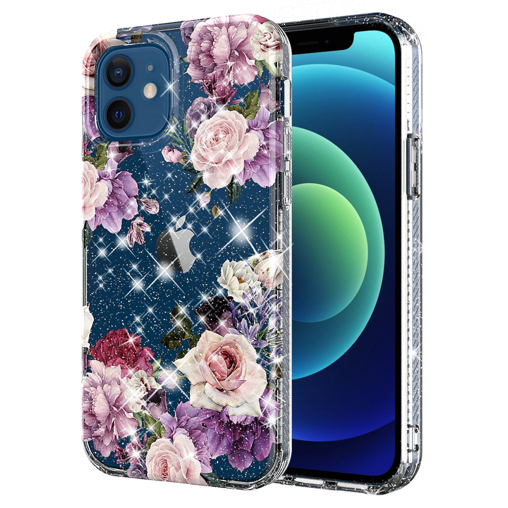 For Apple iPhone XR Stylish Slim Hybrid Shiny Glitter Clear Floral Pattern Bloom Flower Design TPU Gel Hard PC Back Phone Case Cover