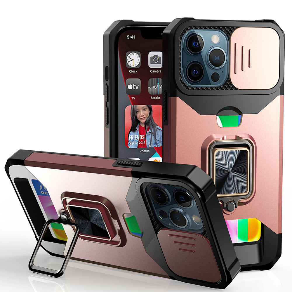 For Apple iPhone 11 (6.1") Wallet Case with Ring Stand & Slide Camera Cover Credit Card Slot Holder, Military Grade Hard Phone Case Cover