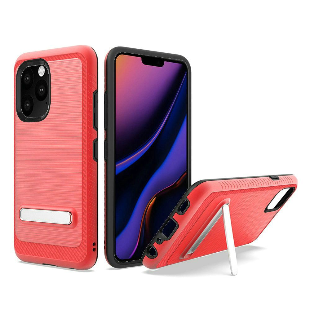 For Apple iPhone 13 (6.1") Slim Brushed Hybrid Shock-Absorption Armor Edged Carbon Fiber with Metal Kickstand Rugged Texture Phone Case Cover