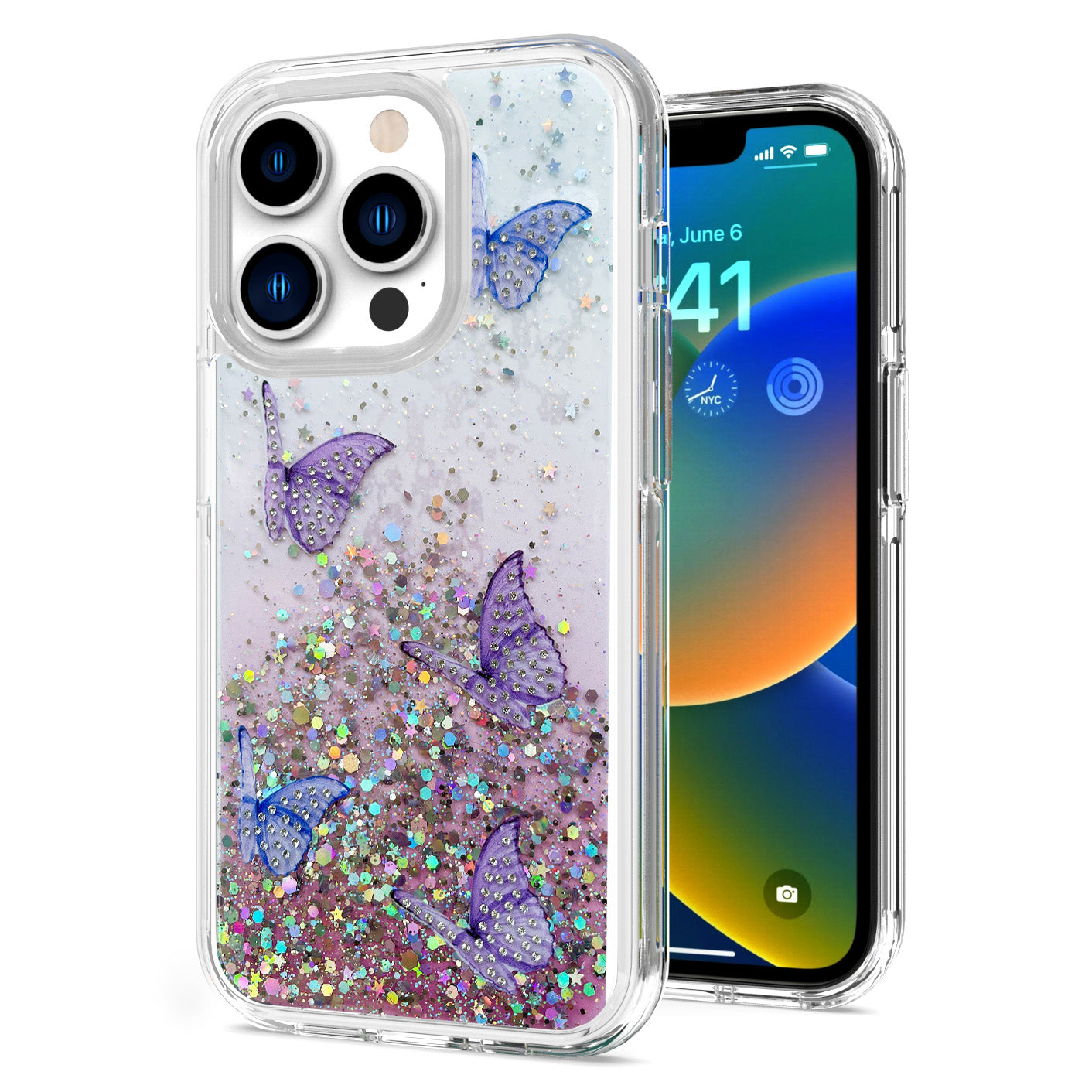 For Apple iPhone 13 Pro Max (6.7") Butterflies Glitter Bling Shiny Sparkle Glittering Flake Hybrid Hard TPU Silicone Slim Phone Case Cover