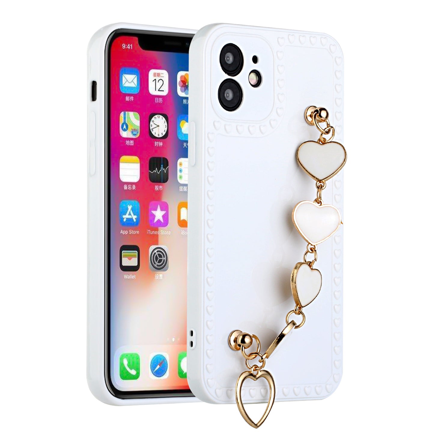 For Apple iPhone 12 Pro Max (6.7") Hybrid Soft TPU Rubber Cute Pattern with Love Heart Chain Wristband Bracelet Strap Protective Phone Case Cover