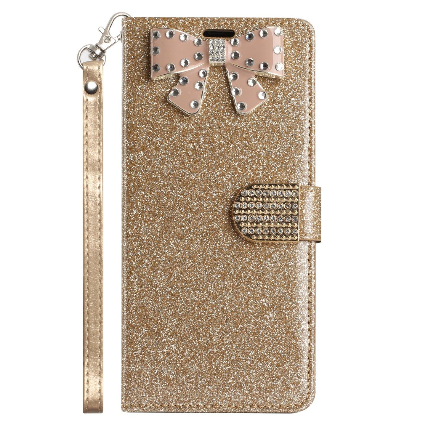 For Samsung Galaxy A53 5G Wallet Bow Glitter Bling Ornament Shimmer with Credit Card Slot Pocket & Lanyard Phone Case Cover