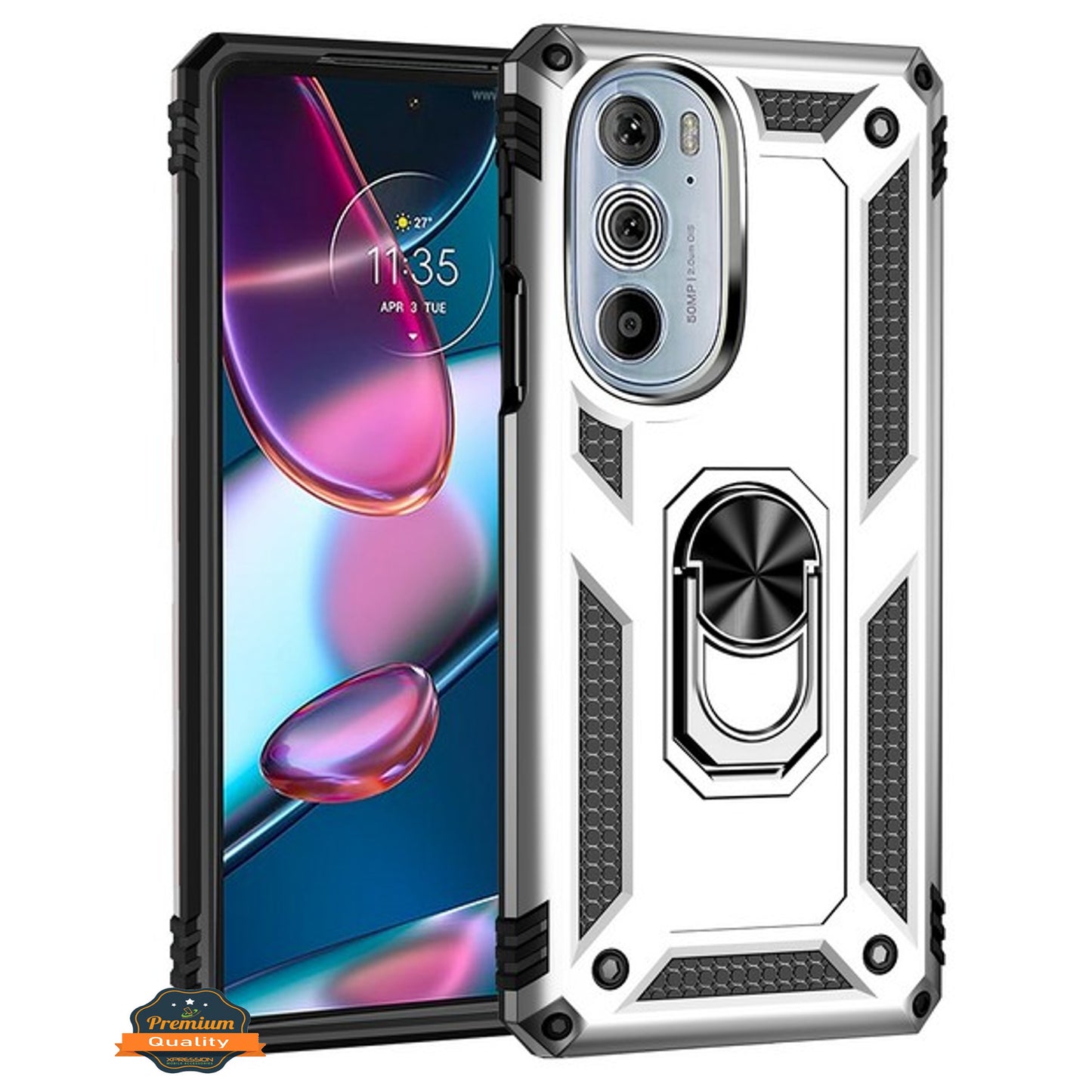 For Motorola Edge 2022 Shockproof Hybrid Dual Layer PC + TPU with Ring Stand Metal Kickstand Heavy Duty Armor Shell Phone Case Cover