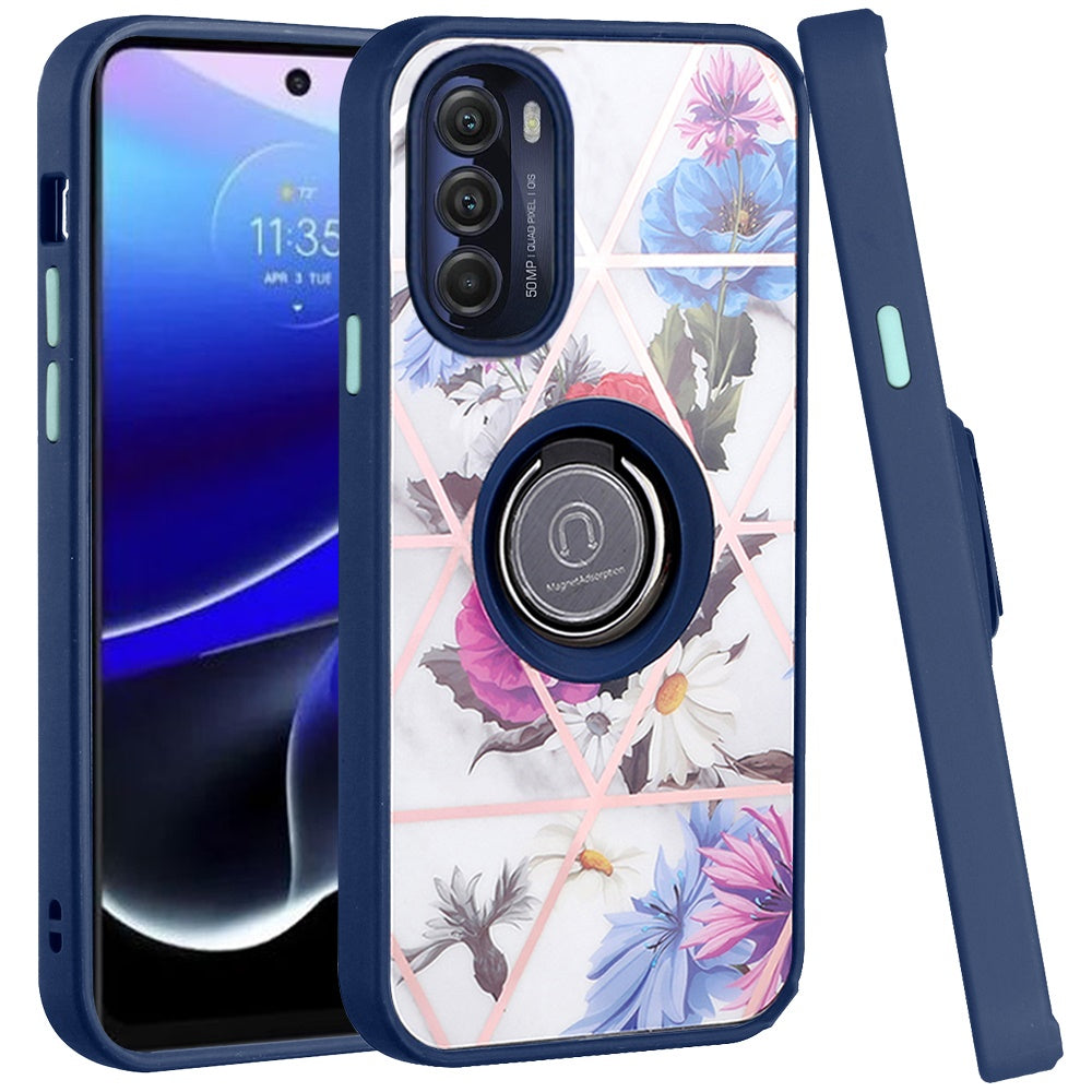 For Motorola Moto G Stylus 5G 2022 Marble Design with Magnetic Ring Kickstand Holder Hybrid TPU Hard PC Shockproof Phone Case Cover