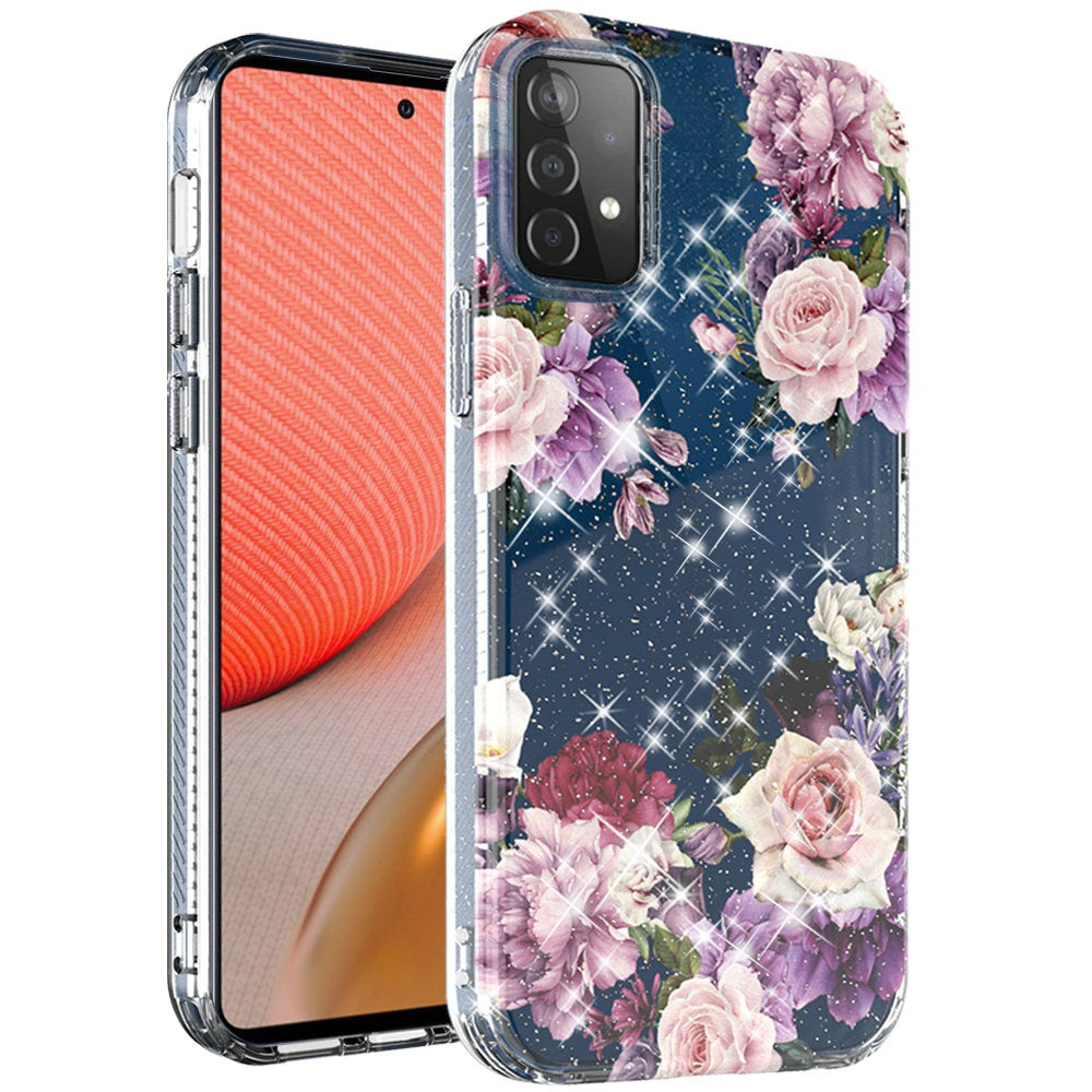 For Samsung Galaxy A72 5G Slim Hybrid Shiny Glitter Clear Floral Pattern Bloom Flower Design TPU Gel Hard PC Back Phone Case Cover
