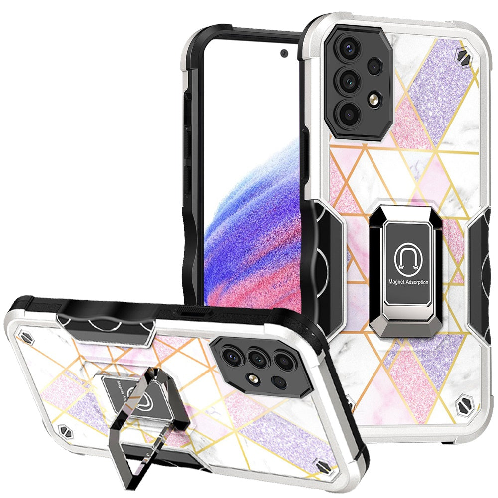 For Samsung Galaxy A53 5G Marble IMD Stone Design Hybrid Armor with Magnetic Ring Stand Kickstand Heavy Duty Rugged Shockproof Phone Case Cover
