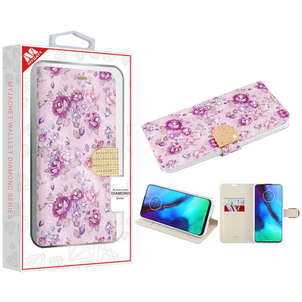 For Motorola Moto G Stylus (2020) Design PU Leather Wallet Diamond Bling with Credit Card Slot Storage Flip Pouch Purple Flowers Phone Case Cover