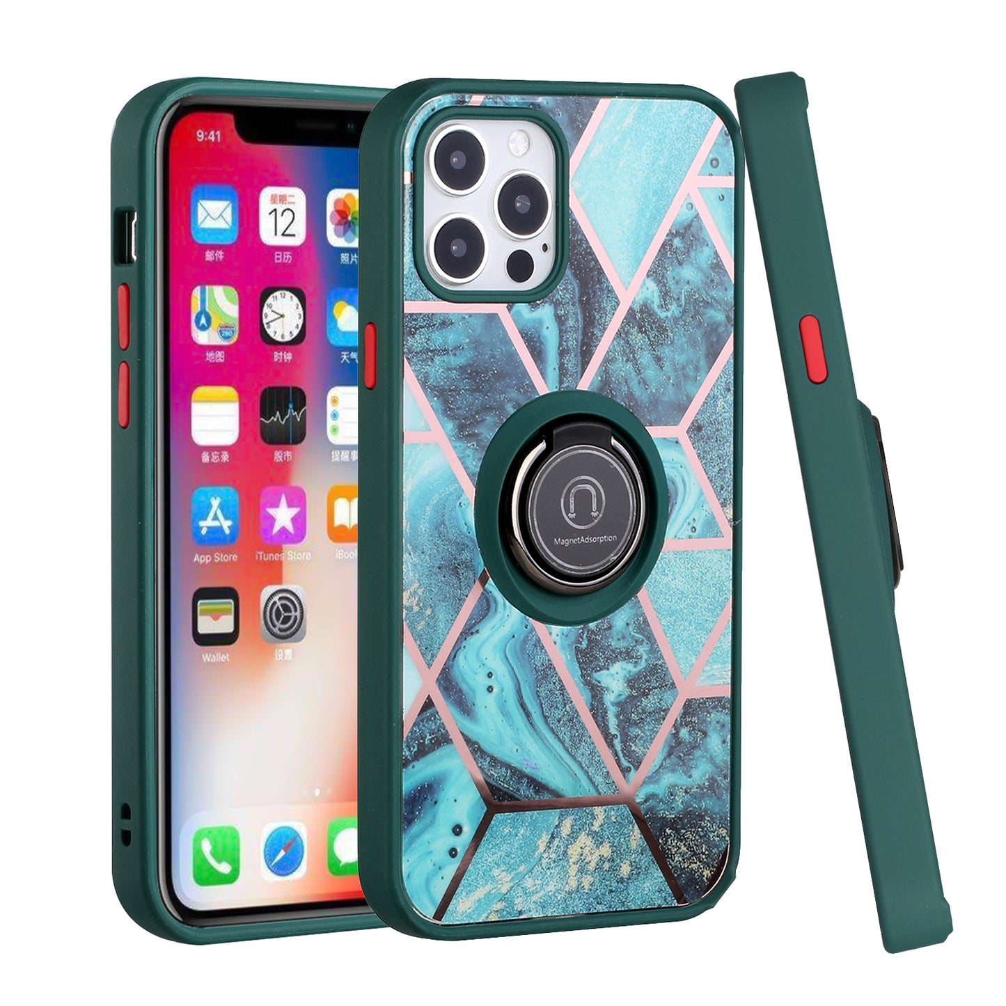 For Apple iPhone 13 /Pro Max Mini Unique Marble Design with Magnetic Ring Kickstand Holder Hybrid TPU Hard PC Shockproof Armor Bumper Phone Case Cover