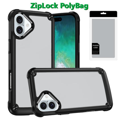 For Apple iPhone 16 Plus Hybrid Transparent Rubber with Metal Buttons & Camera Edges Hard TPU Corner Frame Bumper Case Cover Black