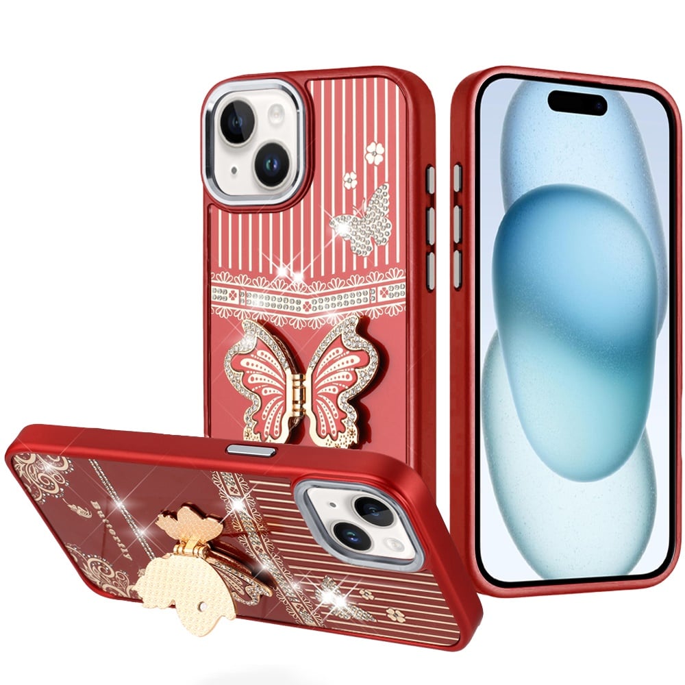 For iPhone 15 (6.1") Glitter 3D Butterfly Design Bling Metallic Edge Hybrid Stand Drop Protection TPU Shockproof Case Cover