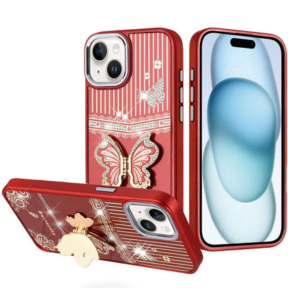 For iPhone 15 (6.1") Glitter 3D Butterfly Design Bling Metallic Edge Hybrid Stand Drop Protection TPU Shockproof Case Cover