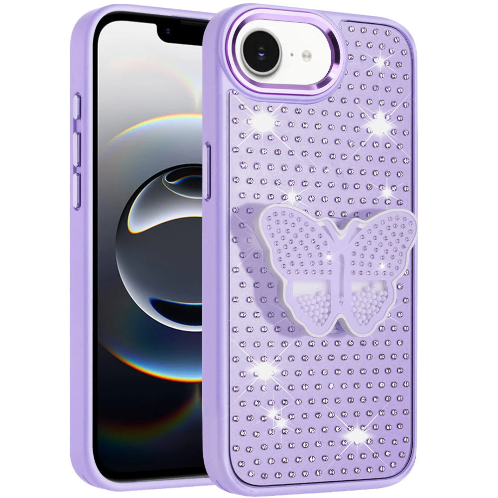 For Apple iPhone 16e Butterfly Moveable Grip 3D Pop Stand Full Diamond Bling Sparkling TPU Fashion Hybrid Case Cover