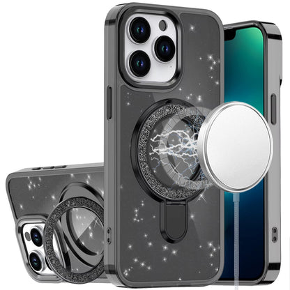 For Apple iPhone 13 Pro Max Transparent Glitter Bling Case with Rotating Magnetic Ring Stand, Shockproof Hybrid Case Cover