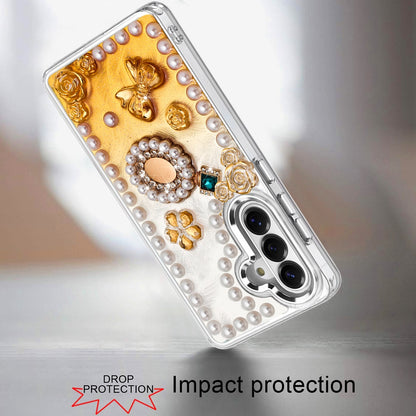 For Samsung Galaxy A17 5G Bling Fashion Design with 3D Pearls Epoxy Glitter Ornaments Chrome Edge Hard Slim PC Case Cover Fashion Yellow