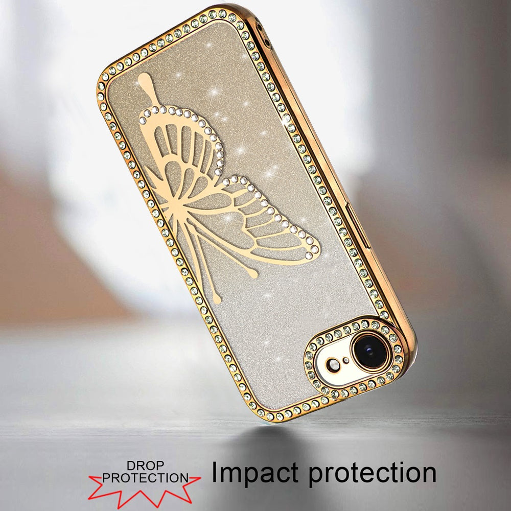 For Apple iPhone 16e Butterfly Glitter Diamond Shimmer Hybrid Slim & Stylish Electroplated Sparkly Bling Shockproof TPU Protective Case Cover