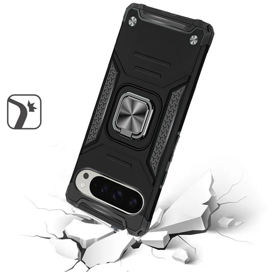 For Google Pixel 9 Pro XL Armor Hybrid Magnetic Stand with Ring Holder Kickstand Shockproof Heavy-Duty Durable Rugged TPU Dual Layer Case Cover Black
