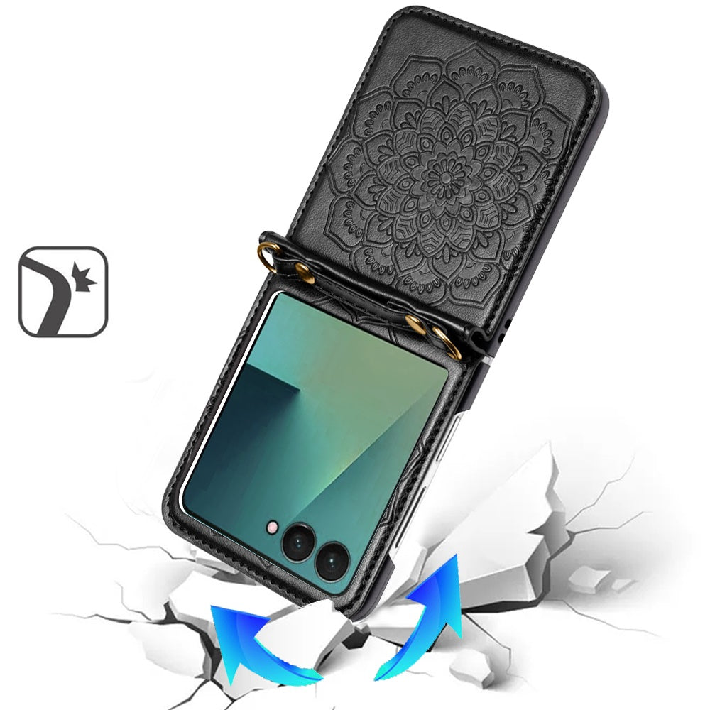 For Samsung Galaxy Z Flip 7 FE Embossed Floral PU Leather Henna Mandala Design Flip Cover with Strap, Hybrid Protective Case Cover Black