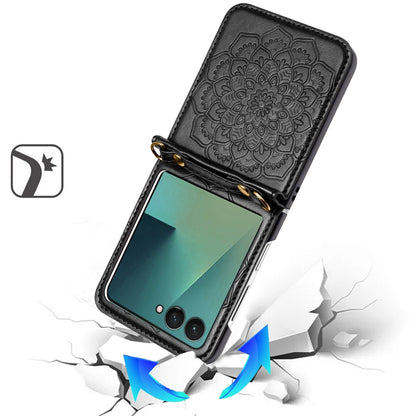 For Samsung Galaxy Z Flip 7 FE Embossed Floral PU Leather Henna Mandala Design Flip Cover with Strap, Hybrid Protective Case Cover Black