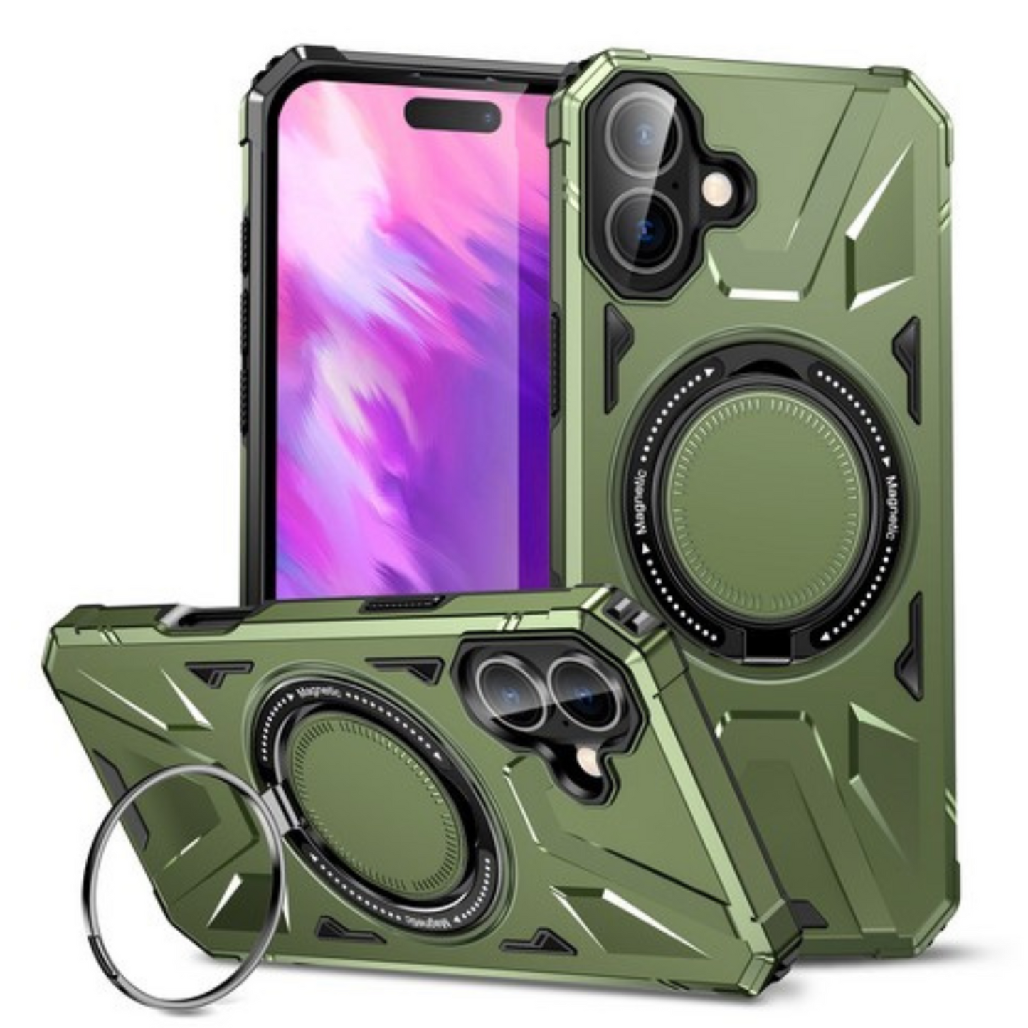 For Apple iPhone 17 Tough Shockproof Hybrid Magnetic Large Rotating Ring Stand Compatible with MagSafe Case Cover